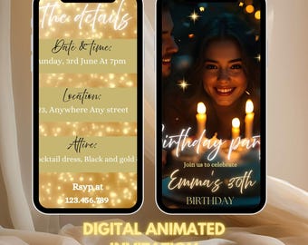 Black and Gold Birthday Invitation Video Template, Canva Editable (Digital Evite)