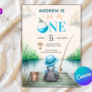 May include: A birthday invitation card featuring a watercolor illustration of a child in a blue hat and overalls fishing on a wooden dock. The text reads: ANDREW IS a-fish-ally ONE, SUNDAY SEPT 21 2:00-4:00PM, 158 LAKEVIEW DRIVE FISHERTOWN, FL 34701.