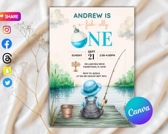Ofishally One Digital Birthday Invite Download, Fishing Themed Birthday Invitation, Baby Boy First Birthday Template, Instant Download