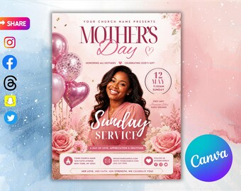 Mothers Day Church Flyer Template-Editable Canva template -Sunday Service-Women -Pink Floral invitation-Instant Download