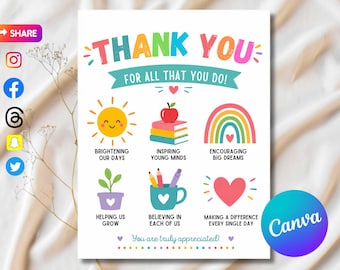 Printable Thank You Card for Daycare Teachers | Preschool, Nursery Teacher & ECE Appreciation Gift | Instant Download Foldable Card Template