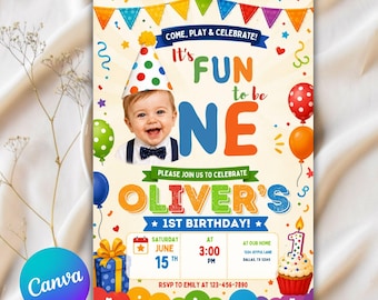 Fun to Be One Birthday Invitation, One is Fun Party Hat Birthday Party, Colorful Boy First Birthday Invite, Custom Photo 1st Birthday Invite