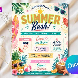 Può includere: Un invito colorato per una festa estiva, con una tavola da surf, occhiali da sole, anguria e una bevanda al cocco. Il testo recita "Summer Bash!" con i dettagli dell'evento, tra cui data, ora e luogo.