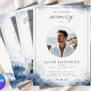 Może przedstawiać: Zestaw kart pamiątkowych z akwarelowym wzorem. Przednia karta zawiera zdjęcie mężczyzny, tekst "In Loving Memory Of" i imię "Jacob Matthews". Dodatkowy tekst zawiera daty i lokalizację.