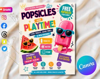 Popsicles on the Playground Flyer Template | Summer Kids Event Flyer | Community Social Event | Editable Canva Template