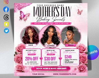 Mother's Day Flyer, Hair Flyer, May Booking Flyer Template, Mothers Day Booking Specials, Lash Nails Braids Wig Makeup (Digital Download)