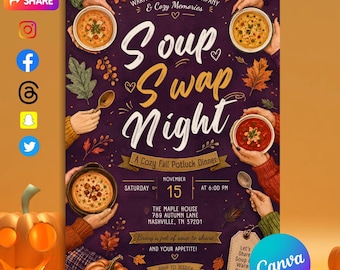 Soup Swap Night Invitation, Cozy Fall Potluck Dinner Theme Party Invite, Thanksgiving Party Editable Canva Template, Digital Download