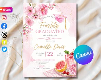 Freshly graduated Graduation party invitation Lemon Citrus Pink flowers grad party Summer fruit digital invite Brunch Pink blush printable