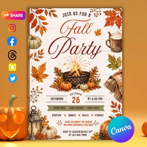 May include: A Fall Party invitation flyer featuring a bonfire illustration, pumpkins, autumn leaves, and a mug of hot cocoa. The text reads Join Us For A Fall Party, Saturday October 26 at 6:00 PM, Good Food, Good Friends, Good Times, Bonfire, Games, Music, S'mores.