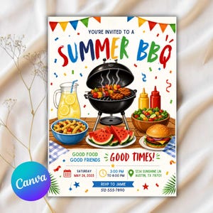 May include: A colorful invitation for a summer BBQ, featuring a grill with food, lemonade, pasta salad, watermelon, and a burger. The text reads "You're Invited to a Summer BBQ" with event details.