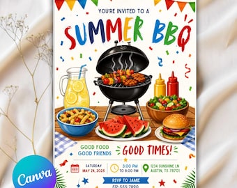 Editable Summer BBQ Template Invitation, Memorial Day, Party Cookout Flyer Template, Backyard Cookout Party Flyer, Backyard BBQ Canva Invite