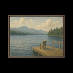 The Lake That Remembers by Mara Eliot – Soft Landscape Print, Cottagecore Wall Art, Adirondack Chair by Water, Calm Nature Canvas | Framed