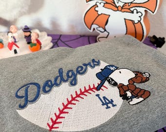 LA Baseball White and Black Dog Crewneck Fleece Sweatshirt *Embroidered*