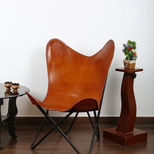 Leather Butterfly Chair | Leather Living Room Chairs | Handmade Genuine Tan Leather | Lounge Relax Arm Chair