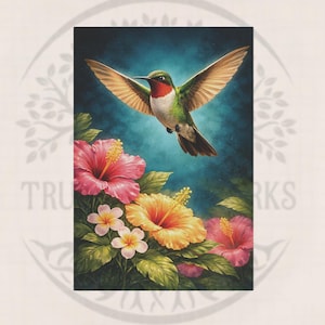May include: A painting depicting a hummingbird in flight above hibiscus flowers. The bird has a red throat, green body, and brown wings. The flowers are pink, yellow, and white, set against a teal background. The image evokes a tropical theme.
