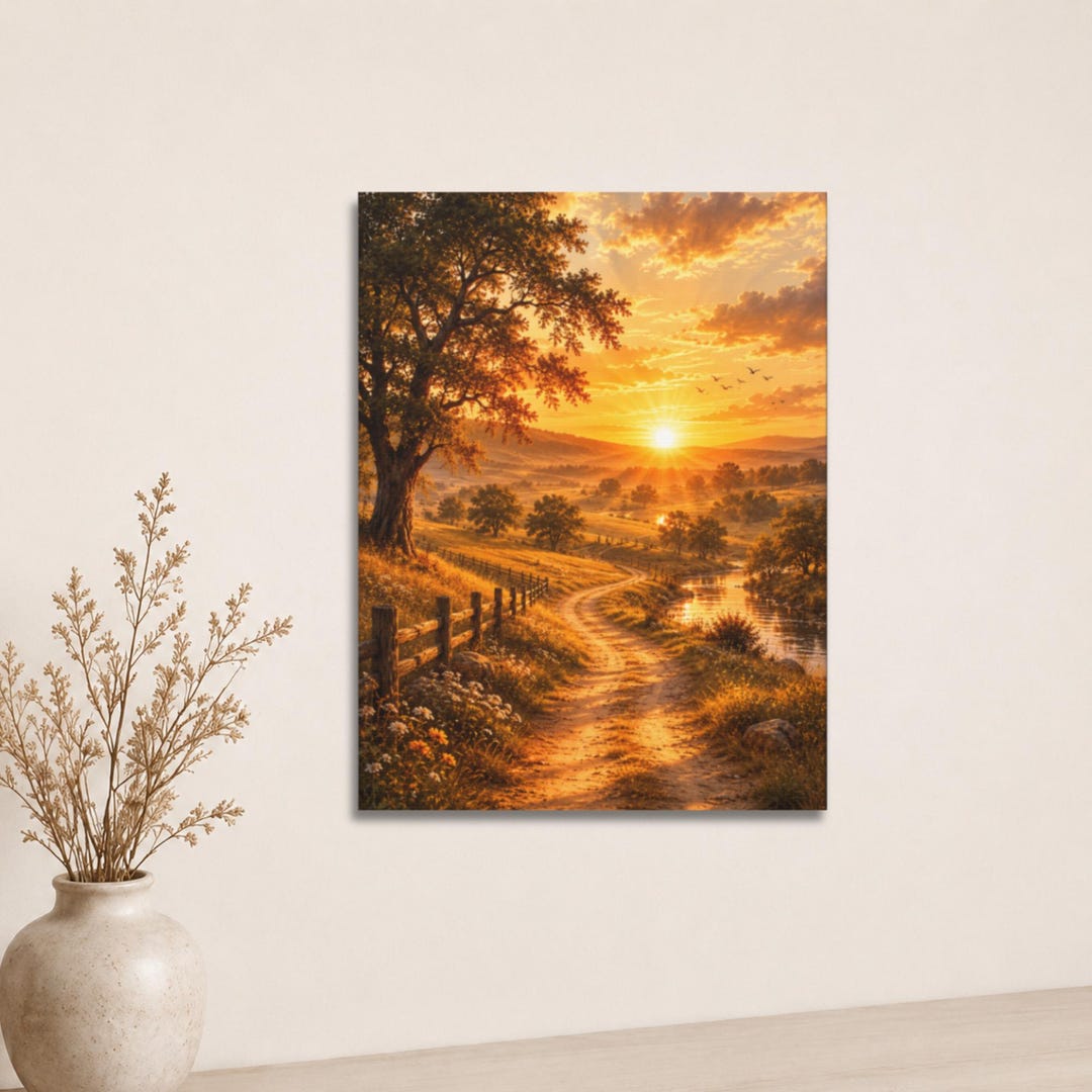 Golden Sunset Landscape Canvas Print Country Path Wall Art Rustic ...