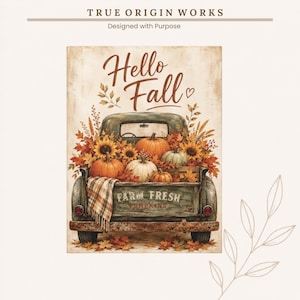 May include: A rectangular wall art print featuring a vintage green pickup truck filled with orange pumpkins, sunflowers, and autumn leaves. The text reads Hello Fall and Farm Fresh Pumpkins. A plaid blanket hangs over the tailgate.