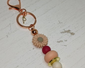 Rose Gold Bead Keychain w/Rhinestone Name Initial Charm, Silicone Beads, Blush Pink Daisy Keychain, Christmas Gift, Stocking stuffer