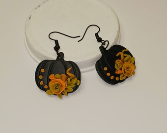 Black Fall Pumpkins with Flowers Earring, Fall Earrings, Pumpkin Earrings, Thanksgiving Jewelry, Holiday Earrings, Handmade Fall Earrings
