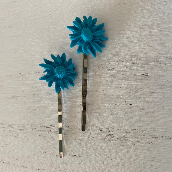 Teal Bobby Pins, Handmade Clay Bobby Pins, Clay Flowers, Hair Accessories