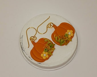 Orange Fall Pumpkins with Flowers Earring, Fall Earrings, Pumpkin Earrings, Thanksgiving Jewelry, Holiday Earrings, Handmade Fall Earrings