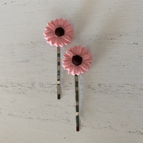 Pink and Brown Bobby Pins, Handmade Clay Bobby Pins, Clay Flower