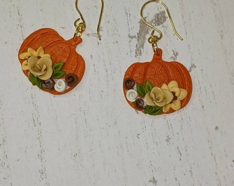 Orange Pumpkins with Flowers Earring, Fall Earrings, Cute Pumpkin Earrings, Thanksgiving Jewelry, Holiday Earrings, Handmade Fall Earrings