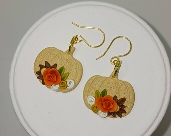 Fall Pumpkins with Flowers Earring, Fall Earrings, Cute Pumpkin Earrings, Thanksgiving Jewelry, Holiday Earrings, Handmade Fall Earrings