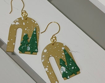 Christmas Tree with Snow Arches, Handmade Clay Earrings, Stocking Stuffers, Christmas Dangle Earrings, Christmas Gift, Holiday Jewelry