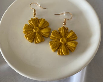 Handmade Mustard Yellow Flower Clay Earrings, Floral Dangle Earrings
