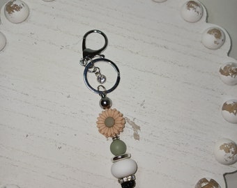 Mixed Bead Keychain, Silicone Beads, Black / Grey Keychain, Daisy Keychain, Abacus Bead Keychain, Silver Beaded Keychain, Stocking stuffer