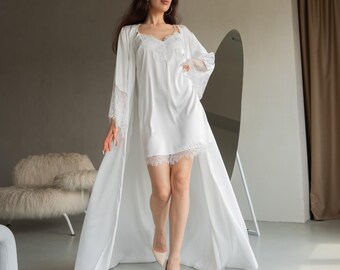 Bata de seda para mujer - Kimono holgado de mangas anchas - Regalo para mujer - Bata para después del baño - Bata larga de novia