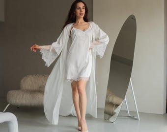 Bata larga de seda color marfil para mujer, kimono maxi de manga ancha hasta el suelo, bata de seda satinada Boudoir