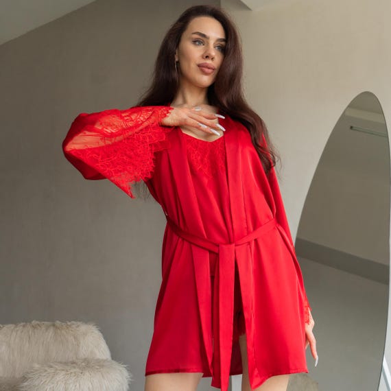 red dressing gown silk Red Satin Wedding Robe With Wide Sleeves Long Belted Kimono Bathrobe Women  Floor Length Bridesmaid Dressing Gown Boudoir Robe for Bride