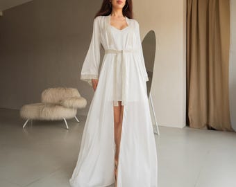 Bata de seda tipo kimono / Bata larga con mangas de kimono sedosas / Bata de manga larga / Bata maxi / Bata larga de novia / Bata de San Valentín / Regalo para ella