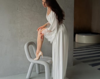 Ivory Silk Robe, Long Lace Sleeve Kimono, Bridal Lingerie