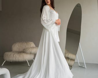 Bata de novia de seda blanca, kimono largo de encaje, lencería de boda