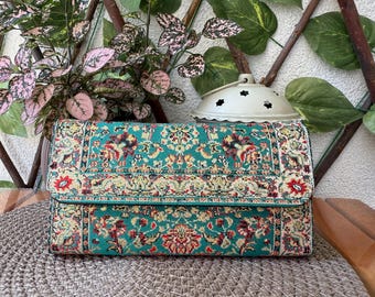 Cartera de tela estilo bohemio: interior de piel vegana, hecha a mano en Turquía.