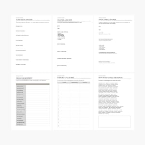 Könnte beinhalten: Ein Satz von sechs weißen Papierseiten mit schwarzem Text, die als Planer oder Journal konzipiert sind. Jede Seite hat einen anderen Titel, darunter "Alter Ego Activation" und "Dream Day Blueprint". Die Seiten sind in einem Raster angeordnet.