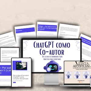 Puede incluir: Una colección de dispositivos digitales y documentos impresos. Un monitor de escritorio muestra "ChatGPT COMO CO-AUTOR" con un gráfico de robot. Otros dispositivos incluyen una tableta, un teléfono y una computadora portátil, todos mostrando texto y gráficos. Documentos dispersos.