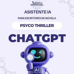 Op de afbeelding: Een paars robotpersonage met een vergrootglas, met het woord "CHATGPT" in grote letters. De afbeelding bevat ook de tekst "ASISTENTE IA PARA ESCRITORES DE NOVELA" en "PSYCO THRILLER". De robot heeft een "AI"-logo.