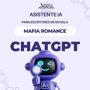 Puede incluir: Un personaje de robot púrpura sosteniendo una lupa, con la palabra "CHATGPT" en letras grandes. La imagen también incluye el texto "ASISTENTE IA PARA ESCRITORES DE NOVELA" y "MAFIA ROMANCE". El robot tiene un logo "IA".