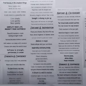 May include: A collection of inspirational quotes printed on white paper. The quotes cover themes like motivation, positivity, dreams, nature, and romance. The text is in a handwritten style.