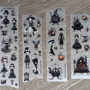 May include: Four transparent sticker sheets featuring gothic-themed illustrations. The stickers depict characters in Victorian-era attire, clocks, teapots, and other decorative elements in shades of black, gray, and white. Text on the stickers reads "Darkness tailored well" and "Pretty doesn't mean safe."