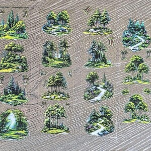 May include: A sticker sheet featuring various forest scenes, including clusters of green trees, winding paths, and small woodland elements. The illustrations are rendered in vibrant shades of green, brown, and blue, with the text Summer Forest printed at the top.