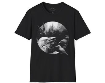 Camiseta con Castillo de Cuervos / Camiseta con Gráfico de Pájaros Góticos, Top con Arte de Cuervos, Camiseta Monocromática Suave