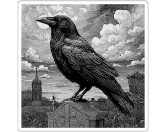 Pegatina de cuervo en cementerio / Vinilo gótico de Halloween, pegatina de cuervo espeluznante para portátil y botella de agua