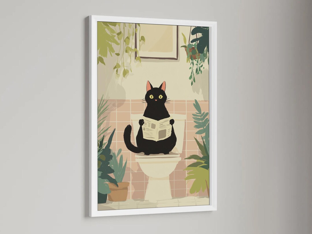 Modern Printable Black Cat on Toilet Art - Cute Playful Bathroom Decor ...
