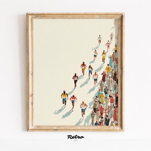 May include: A framed art print depicting a vintage illustration of a marathon, with runners and spectators. The runners are in colourful athletic wear, and the print has a retro style. The word "Retro" is printed at the bottom of the print. The frame is gold.