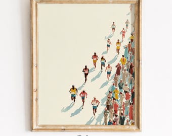 Może przedstawiać: Oprawiony wydruk artystyczny przedstawiający ilustrację w stylu vintage z maratonu, z biegaczami i widzami. Biegacze mają na sobie kolorowe stroje sportowe, a wydruk ma styl retro. Słowo "Retro" jest wydrukowane na dole. Rama jest złota.